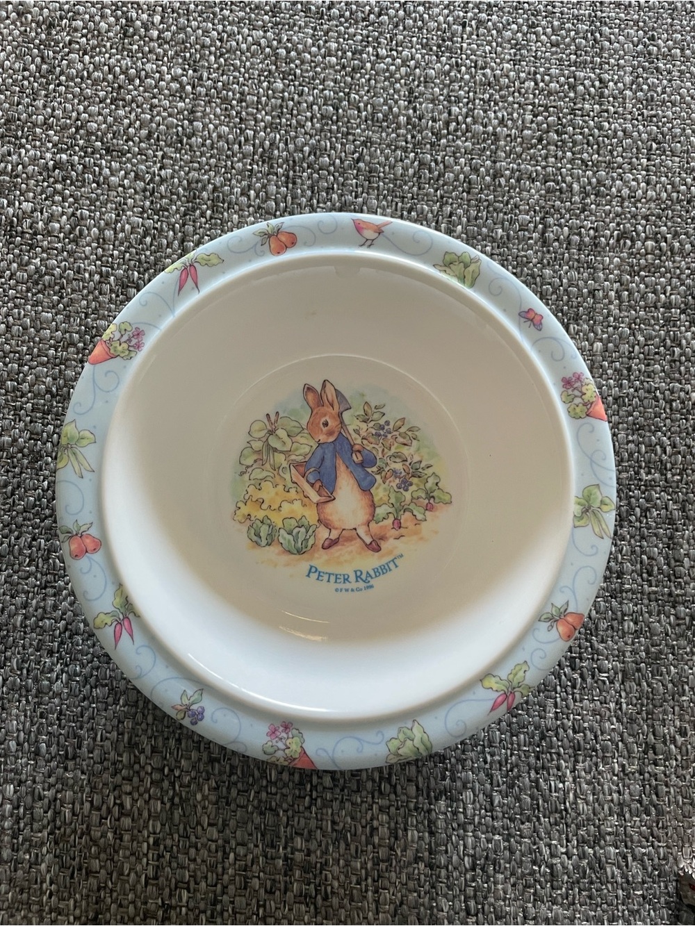 vintage 1996 Eden Beatrix Potter Peter Rabbit melamine children's cereal bowl.